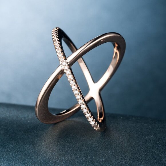 💍 Two Lines Cross X Shape Rose Gold Ring for Women, VIP140 - Picture 1 of 3